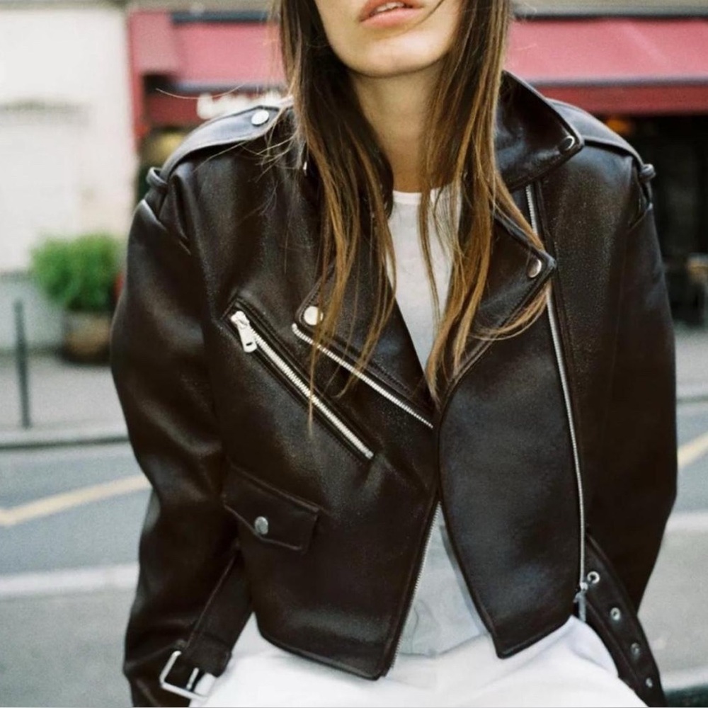 Zara Dark Brown Cropped Leather Jacket - Size M